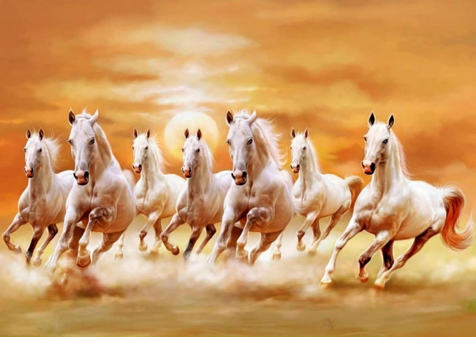 SEVEN RUNNING HORSES PAINTING POSTER VASTU 7 RUNNING HORSE POSTER FOR HOME OFFICE LIVING ROOM WALL DECORATION