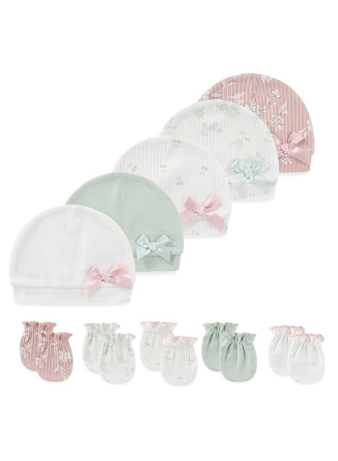 Kiddiezoom 10 Pieces Newborn Baby Cotton Cap and Mitten Sets, Multicolor1, 0-6 Months - Image 1