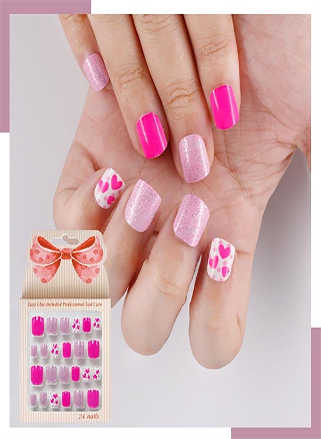 Kawyehu Kids Press on Nails Children Fake Nails Artificial Nail Tips Adhesive Full Cover Short False Fingernails for Girls Kids Nail Decoration (Glitter Heart-B) - Image 1