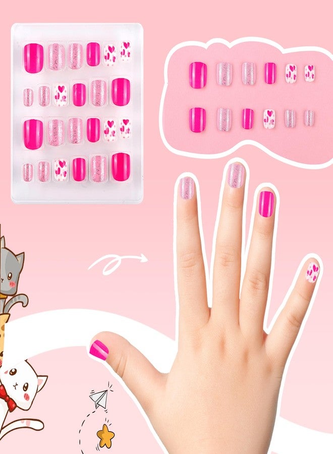 Kawyehu Kids Press on Nails Children Fake Nails Artificial Nail Tips Adhesive Full Cover Short False Fingernails for Girls Kids Nail Decoration (Glitter Heart-B) - Image 3