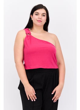 Women Plus Size Asymmetrical Neck One Shoulder Sleeves Ribbed Print Top, Pink