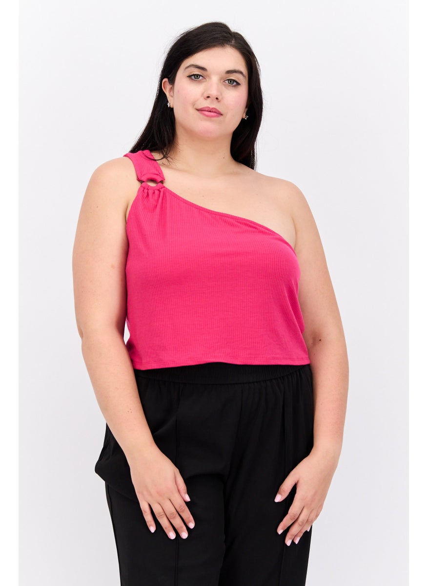 Love Fire - Women Plus Size Asymmetrical Neck One Shoulder Sleeves Ribbed Print Top, Pink - Image 1