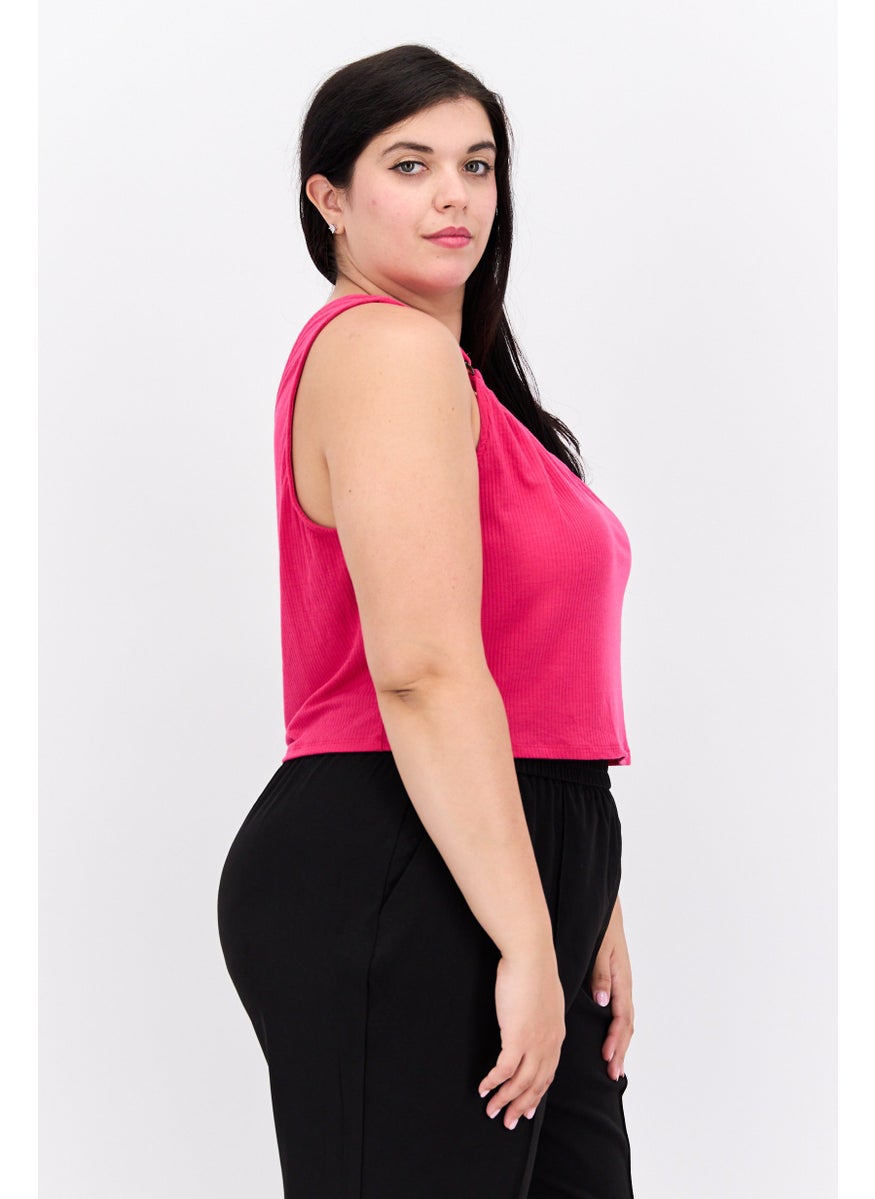Love Fire - Women Plus Size Asymmetrical Neck One Shoulder Sleeves Ribbed Print Top, Pink - Image 1