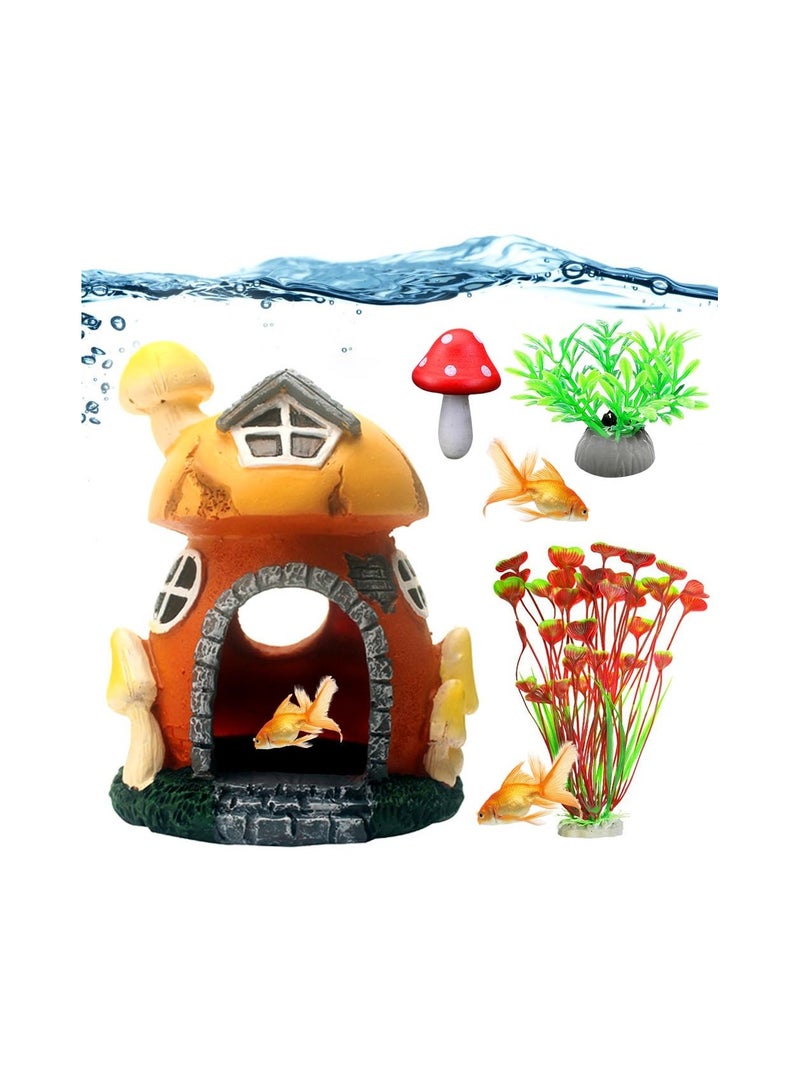 Aquarium Decorations Set with Mushroom House, Artificial Aquatic Plants, and Cave Ornaments for Betta Fish Hideouts - 4 Pieces for Round or Square Fish Tanks. - Image 1