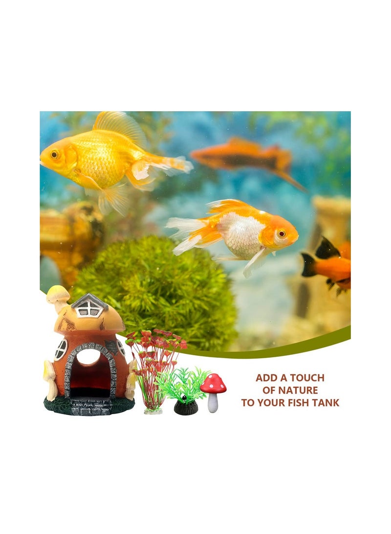 Aquarium Decorations Set with Mushroom House, Artificial Aquatic Plants, and Cave Ornaments for Betta Fish Hideouts - 4 Pieces for Round or Square Fish Tanks. - Image 3