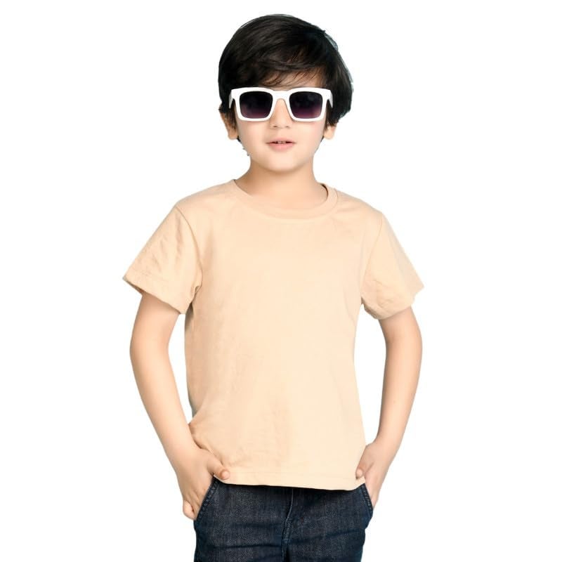 Nusyl Boys Solid Short Sleeves Cotton T-Shirt | Round Neck | Half Sleeve | Plain-Regular Fit | Group 1 Beige - Image 1