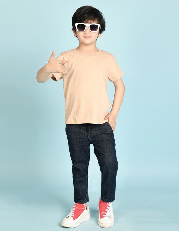 Nusyl Boys Solid Short Sleeves Cotton T-Shirt | Round Neck | Half Sleeve | Plain-Regular Fit | Group 1 Beige - Image 4
