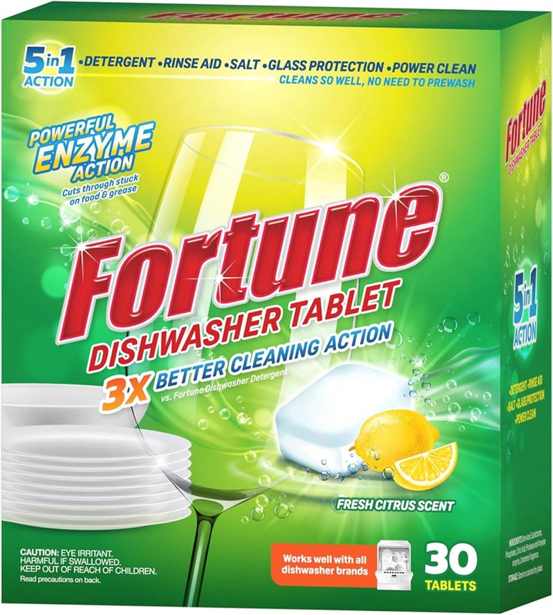 Fortune Dishwasher Tablets, 5 in 1 Action, Fresh Scent, 30 Count - Image 1
