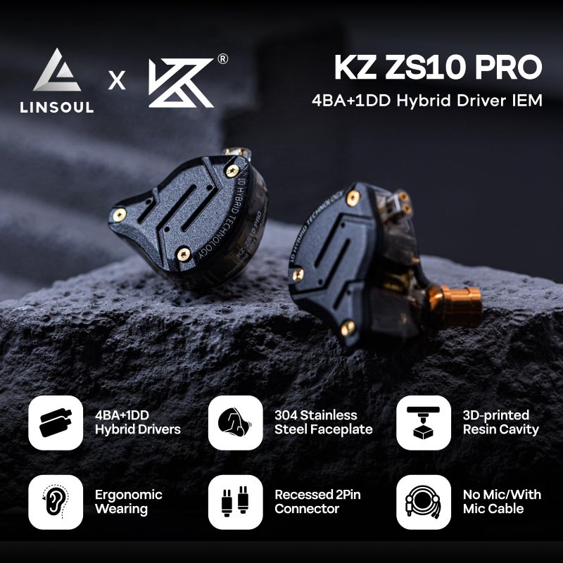 Linsoul KZ ZS10 Pro, 4BA+1DD 5 Driver in Ear Monitor, HiFi Wired Earbuds, Gaming Earbuds, Hybrid IEM Earphones with Stainless Steel Faceplate, Detachable Cable for Musician(with Mic, Dark Black) - Image 2