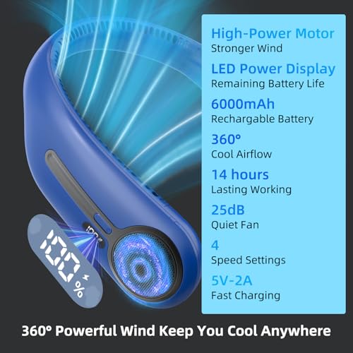 Kinhowly Portable Neck Fan, Personal Wearable Bladeless Fan, 6000mAh USB Rechargeable, 360° Cooling, LED Display, 4-Speeds, Hands Free Fan for Outdoor Indoor, Birthday Gifts for Men Women Dad Mom (Navy) - Image 3