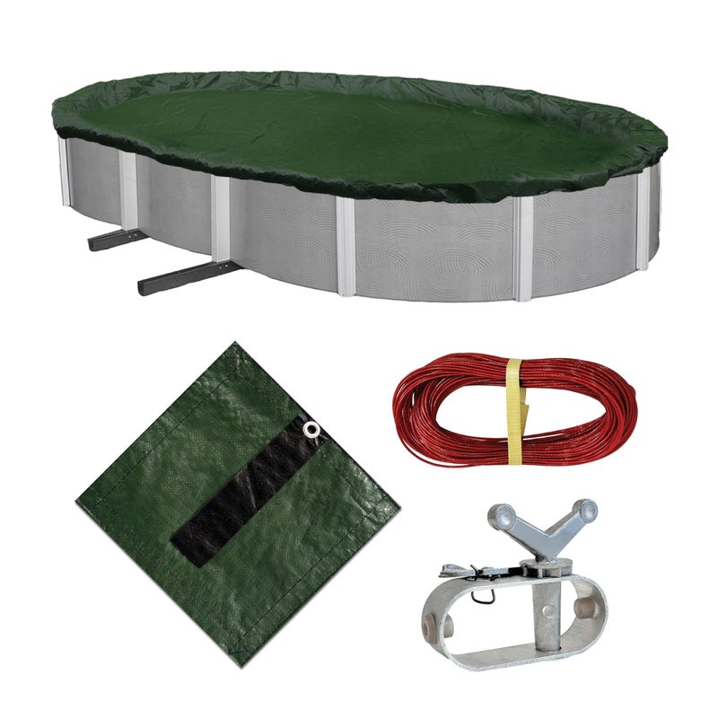 Blue Wave Silver 12Year 16 ft x 25 ft Oval Above Ground Pool Cover for Winter Durable WeatherResistant Polyethylene 4 ft Overlap Black Underside Reinforced Grommets Winch Cable Forest Green
