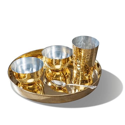 P-TAL Brass Dinner Set, 5 Pieces: 1 thaali (11"), 2 Katoris or Bowls 1 Glass, 1 Spoon, peetal Dinner Set - Image 1