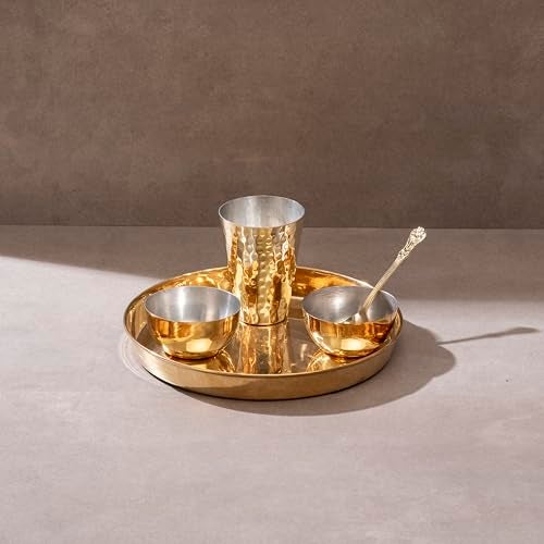 P-TAL Brass Dinner Set, 5 Pieces: 1 thaali (11"), 2 Katoris or Bowls 1 Glass, 1 Spoon, peetal Dinner Set - Image 2