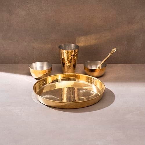 P-TAL Brass Dinner Set, 5 Pieces: 1 thaali (11"), 2 Katoris or Bowls 1 Glass, 1 Spoon, peetal Dinner Set - Image 5