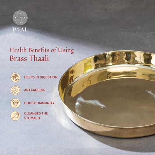 P-TAL Brass Dinner Set, 5 Pieces: 1 thaali (11"), 2 Katoris or Bowls 1 Glass, 1 Spoon, peetal Dinner Set - Image 4
