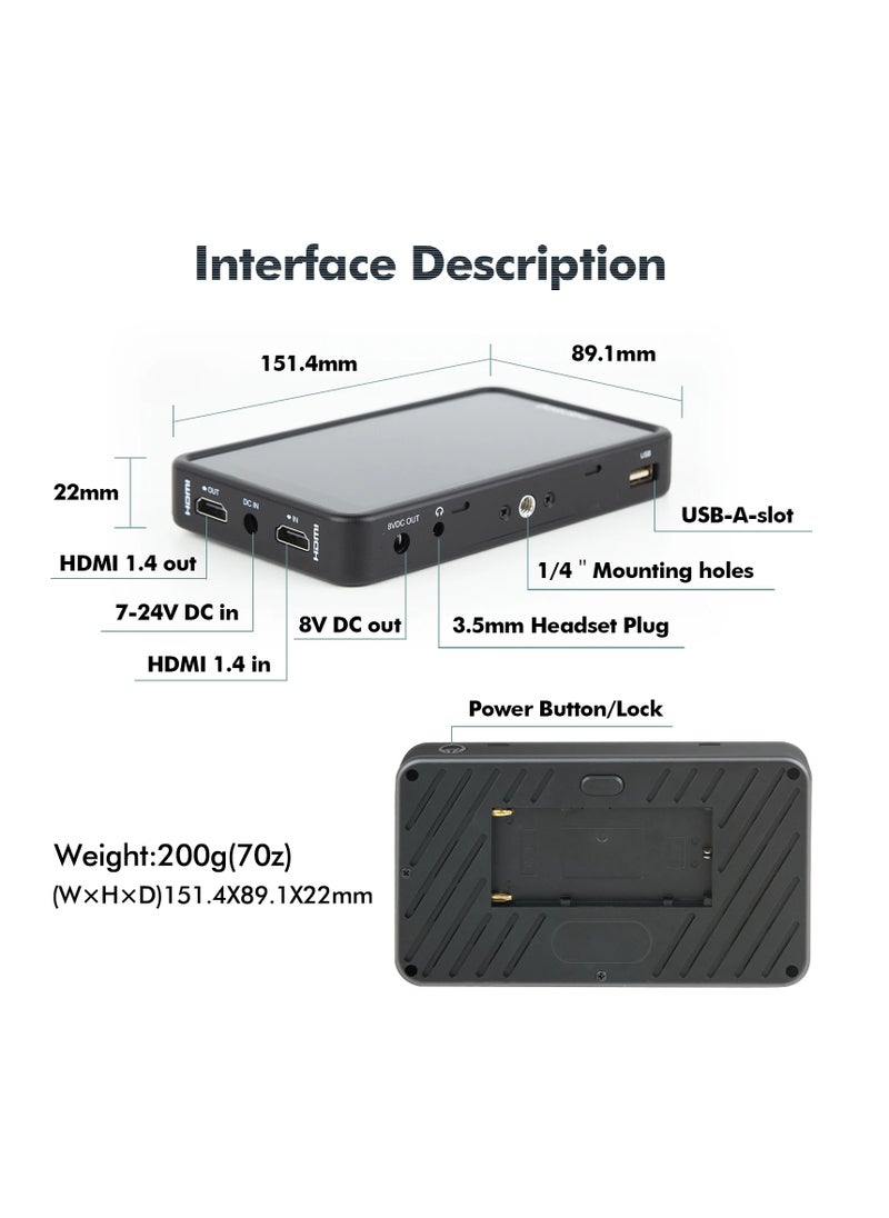 Desview R5ii Camera Monitor 5.5 Inch 800Nits HD Touch Screen Camera Field Monitor 1920×1080 IPS 3D Lut 4K HDMI Input/Output