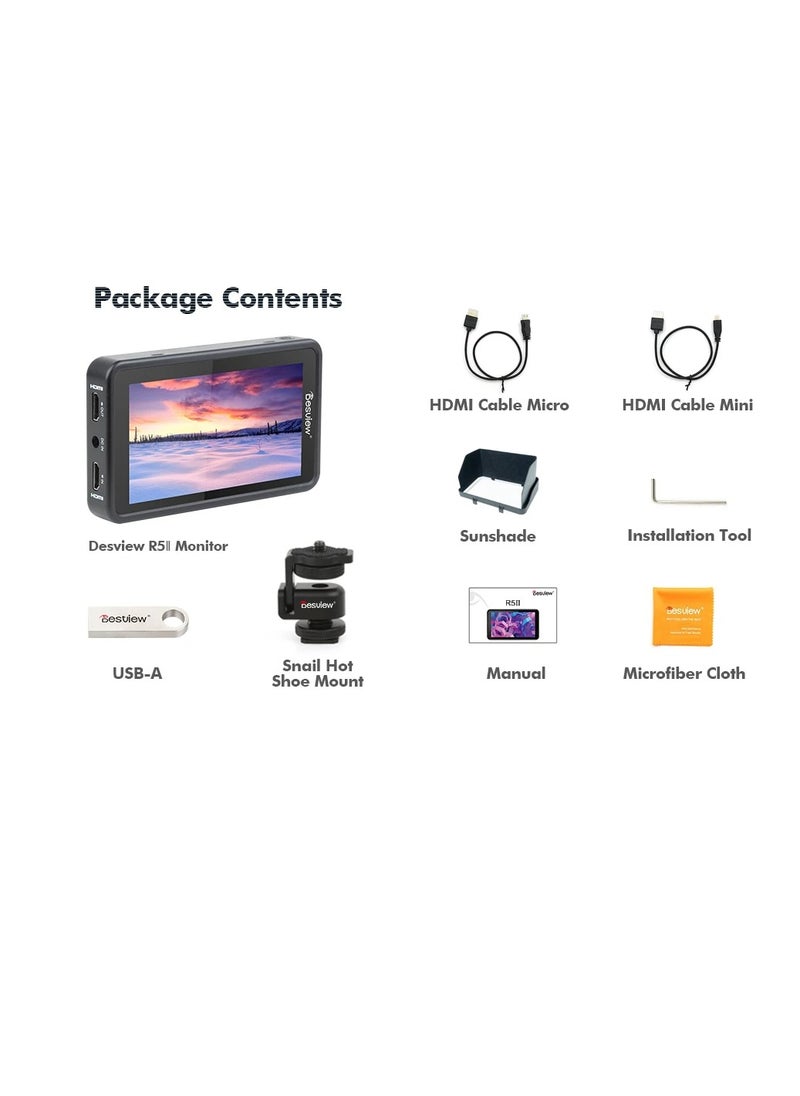 Desview R5ii Camera Monitor 5.5 Inch 800Nits HD Touch Screen Camera Field Monitor 1920×1080 IPS 3D Lut 4K HDMI Input/Output