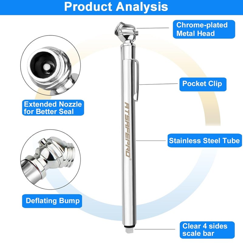 مقياس ضغط الإطارات القلمي (5-50PSI و10-75PSI)، فوهة من سبائك الزنك المغلقة وجسم أنبوبي من الألومنيوم الفضي، مناسب للدراجات والسيارات والشاحنات - Image 2
