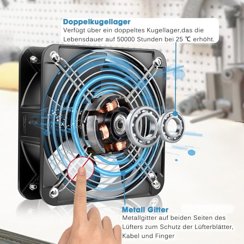 GDSTIME Fan 230 V 200 mm x 60 mm 220 V Dual Ball Bearing 200 mm 20060 Axial Cooling Fan AC 240 V Brushless 370 CFM for Ventilation Exhaust Fan Replacement - Image 4