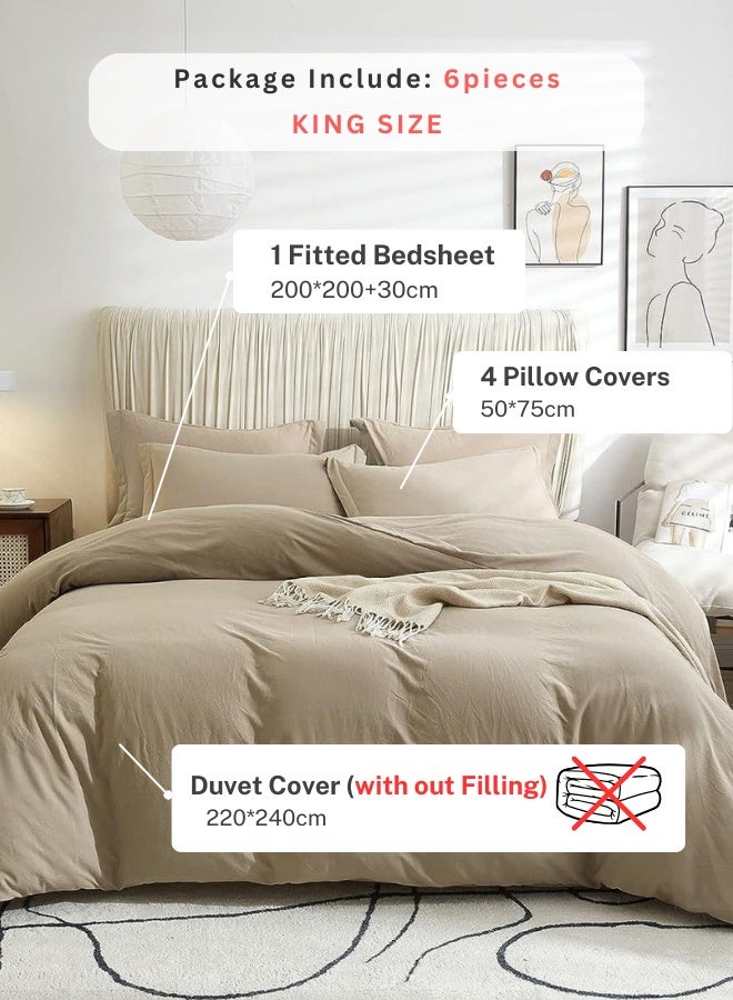 LUNA Home Washable Cotton 6 Pieces King Size Duvet Cover Plain Design, Plain Beige Color - Image 2