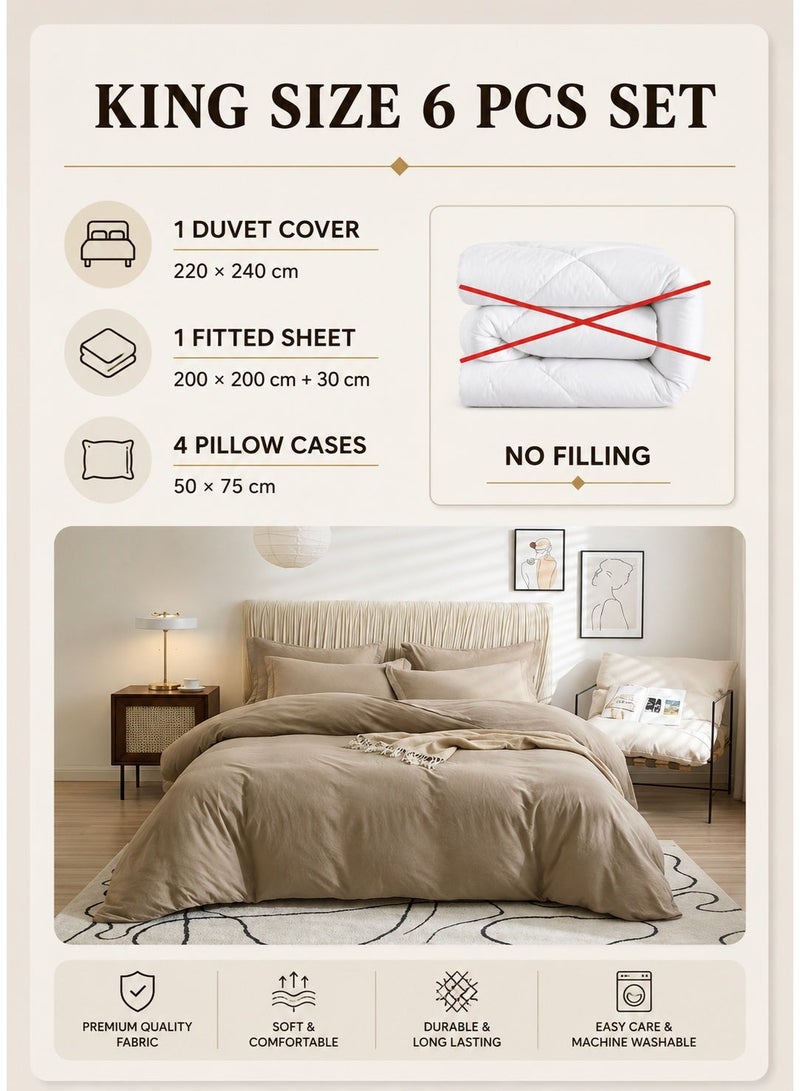 LUNA Home Washable Cotton 6 Pieces King Size Duvet Cover Plain Design, Plain Beige Color - Image 2