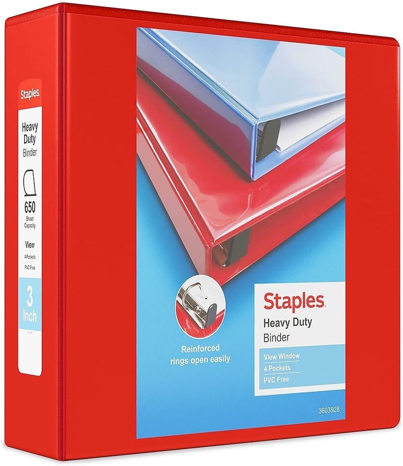 Staples 976064 3Inch Staples HeavyDuty View Binders with DRings Red - Image 1
