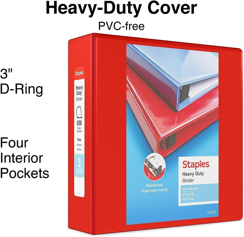 Staples 976064 3Inch Staples HeavyDuty View Binders with DRings Red - Image 2