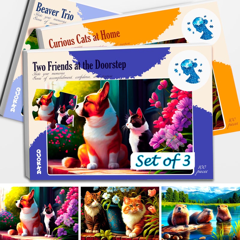 QUOKKA 100 Piece Dementia Activities for Adults  3 Set Dementia Puzzles for Elderly  Large Piece Gifts Products for Seniors  Alzheimers Jigsaw Puzzle Games for Adults with Beavers Cats and Dog - Image 2
