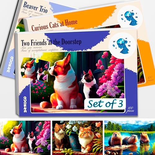QUOKKA 100 Piece Dementia Activities for Adults  3 Set Dementia Puzzles for Elderly  Large Piece Gifts Products for Seniors  Alzheimers Jigsaw Puzzle Games for Adults with Beavers Cats and Dog - Image 1
