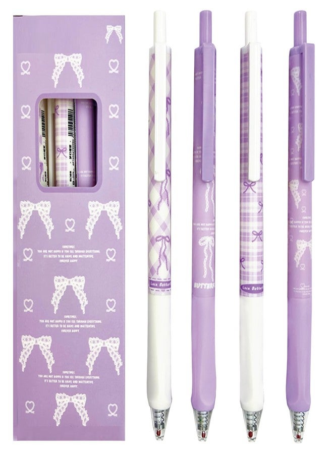 MOZXIRZ 4 Pcs Cute Retractable Pens Bowknot Gel Pens 0.5mm Fine Point Black Ink Smooth Writing Pen Office School Supplies Cartoon Kawaii Purple Pen for Women Girls (Purple) - Image 1