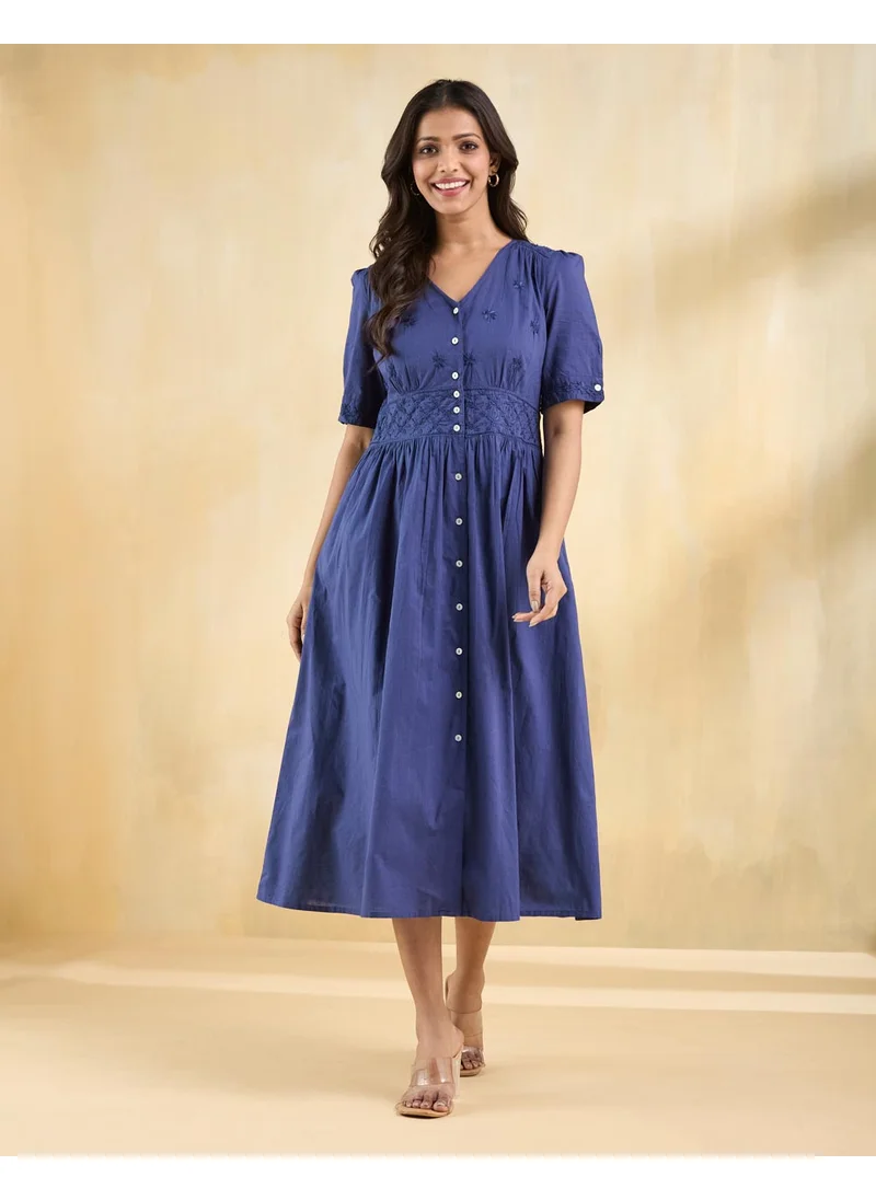 Fabindia Blue Cotton Chikankari Midi Dress
