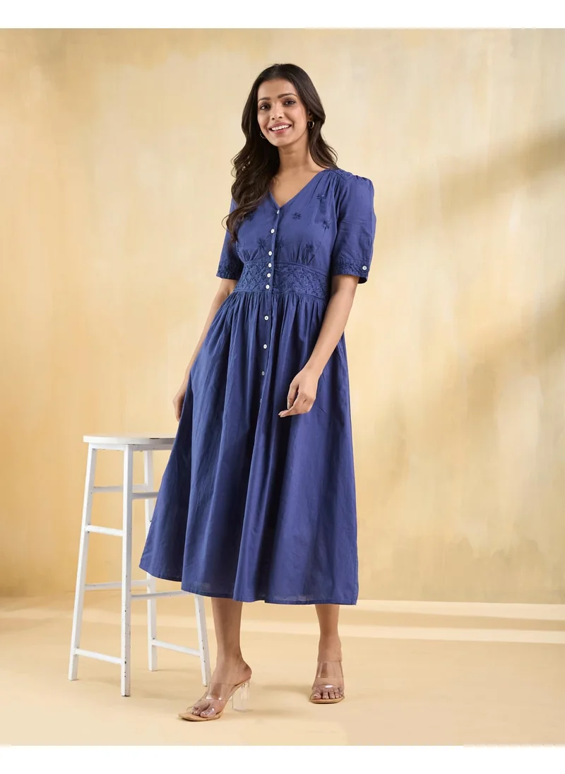Fabindia Blue Cotton Chikankari Midi Dress