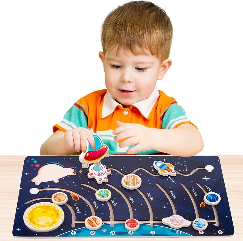 Wooden Solar System Puzzles for Kids, Toddlers Planet Outer Space Toys Preschool Learning Activities Montessori Educational Toys Space Busy Board Gifts for Boys Girls (12PCS) - Image 1