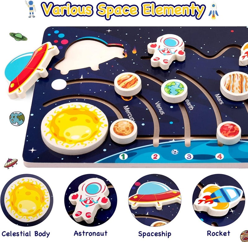 Wooden Solar System Puzzles for Kids, Toddlers Planet Outer Space Toys Preschool Learning Activities Montessori Educational Toys Space Busy Board Gifts for Boys Girls (12PCS) - Image 4