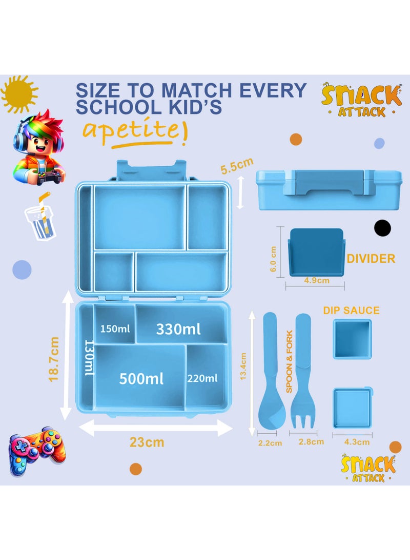 Snack Attack Convertible Kids Bento Lunch Box – 3 to 5 Compartment Food-Grade Leakproof Lunchbox with Silicone Seal – BPA-Free – Colorful Cartoon Artwork for Boys & Girls – Ideal for School & Daycare - Image 5