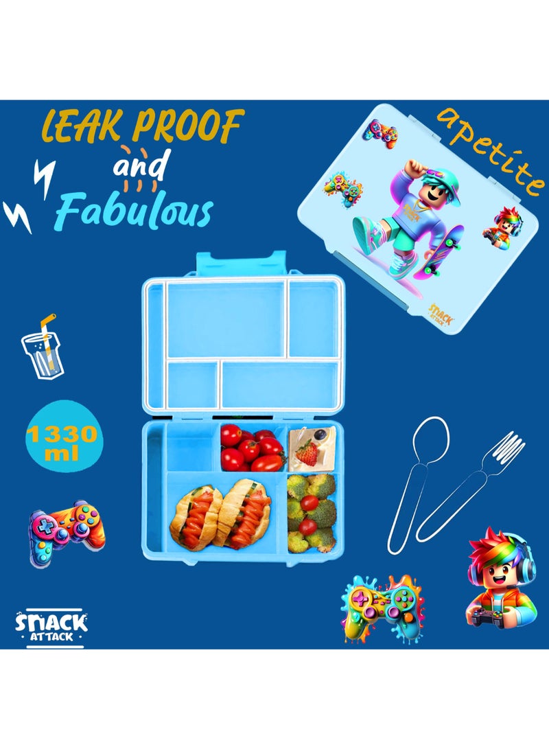 Snack Attack Convertible Kids Bento Lunch Box – 3 to 5 Compartment Food-Grade Leakproof Lunchbox with Silicone Seal – BPA-Free – Colorful Cartoon Artwork for Boys & Girls – Ideal for School & Daycare - Image 4