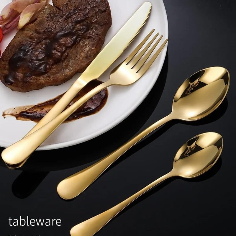 MOBDESK 40 Piece Gold Silverware Stainless Steel Flatware Set Modern Forks Spoons and Knives Eating Utensil Set for Service Home Kitchen Restaurant Mirror Polished Dishwasher Safe Cutlery - Image 2