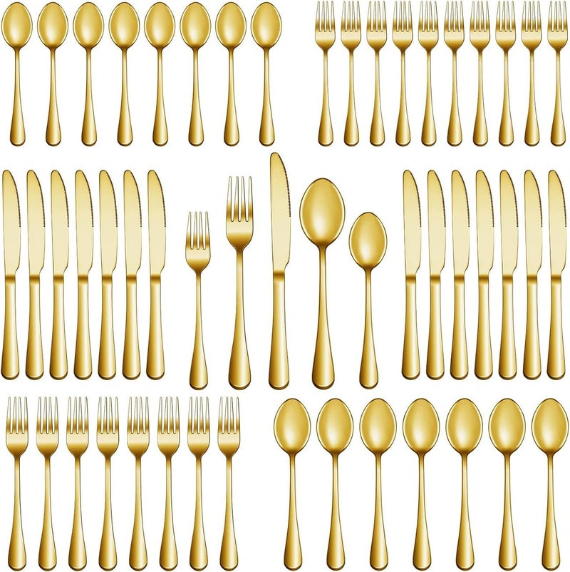 MOBDESK 40 Piece Gold Silverware Stainless Steel Flatware Set Modern Forks Spoons and Knives Eating Utensil Set for Service Home Kitchen Restaurant Mirror Polished Dishwasher Safe Cutlery - Image 1
