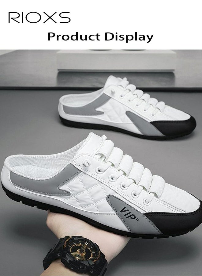 RIOXS Men's Mules Clog Slippers, Fashion Casual Slip On Loafers, Handmade Leather Slippers, Comfy Soft Flat Mules for Men, Lightweight Walking Slides, Backless Penny Shoes for Male, Clogs Mules for Office Business Travel, Semi Slippers White Mule - Image 2