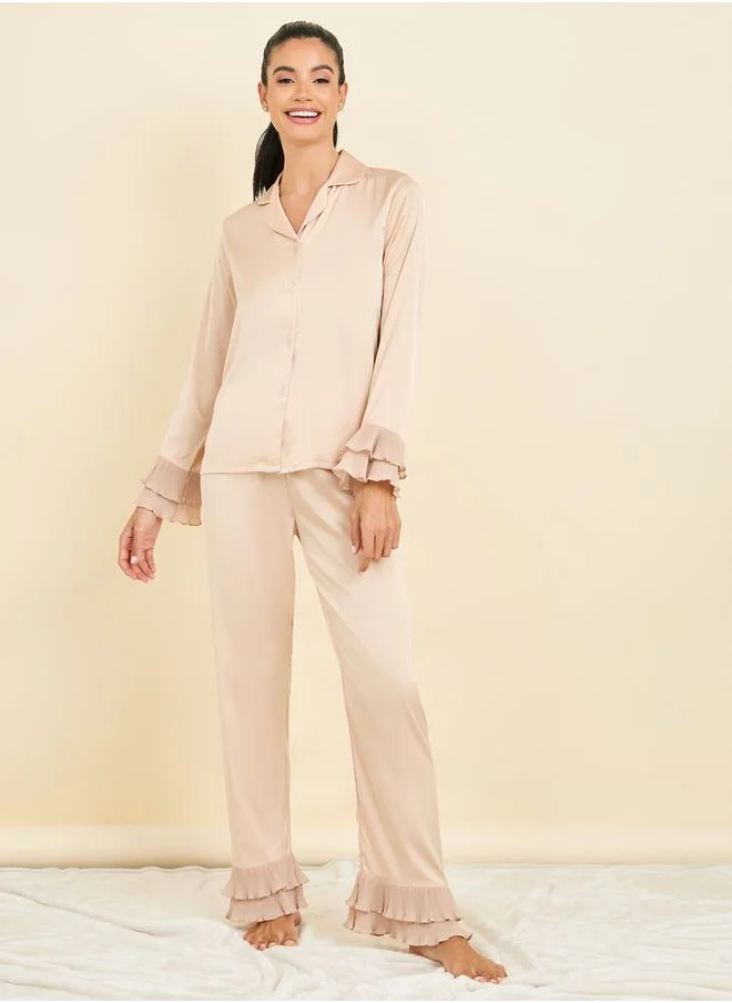 ستايلي Plisse Cuff Detail Satin Shirt & Pyjama Set