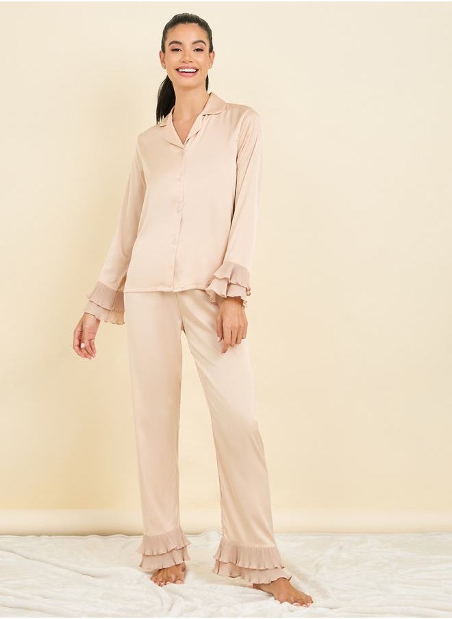 Styli - Plisse Cuff Detail Satin Shirt & Pyjama Set - Image 1