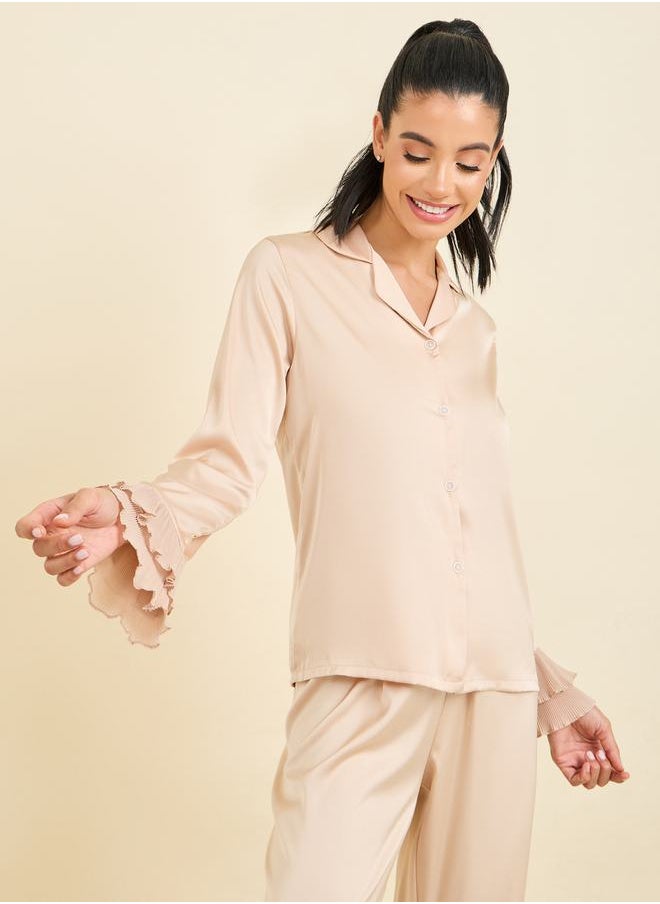 Styli - Plisse Cuff Detail Satin Shirt & Pyjama Set - Image 1