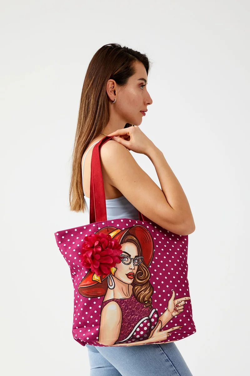 ايس هوم Popart Pattern Cloth Fuchsia Polka Dot Beach Shopping Bag