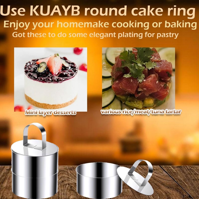 KUAYB قوالب كعكة دائرية، حلقات طعام من الفولاذ المقاوم للصدأ 4 بوصة، قوالب حلوى موس مع دافع ورافعة 10 سم (تشمل 4 حلقات و 2 دافعة) - Image 3