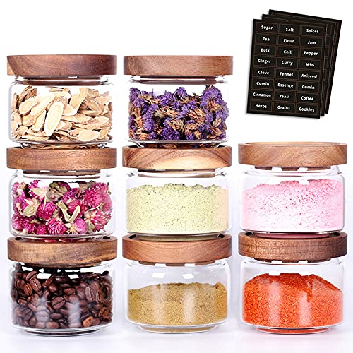 Tzerotone 8 Pcs Spice Containers - 8.5oz Glass Spice Jars With Acacia Airtight Lid and Labels - Stackable Empty Round Spice Bottles for kitchen Seasoning, coffee bean, tea, suger, herbs - Image 1
