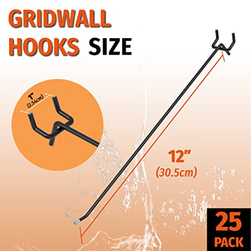 HUHOLE 25 Pack Black Pegboard Hooks 12 Inch – Heavy Duty Metal L-Hooks for 1/4" Peg Board – Garage Tool Organizer, Retail Display & Craft Storage Hangers (30lbs Capacity) - Image 5