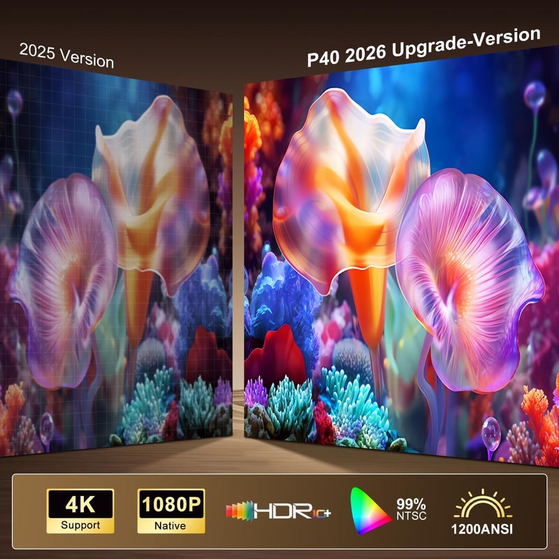 جهاز عرض ذكي بدقة 4K مع واي فاي وبلوتوث، دقة أصلية 1080P HDR10+، جهاز عرض محمول صغير مع صوت دولبي، جهاز عرض ذكي قابل للتعديل 360 درجة للاستخدام الخارجي/غرفة النوم/المنزل/الألعاب - Image 3