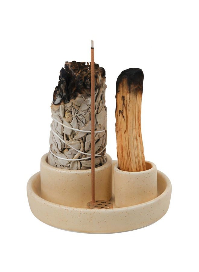 Fancy Lemon 4 in 1 Incense Holder, Ceramic Incense Stick and Palo Santo Holder,Sage Holder for Burning- 4.25" Ceramic Ash Catcher Tray for Meditation and Yoga Room (Sand) - Image 1