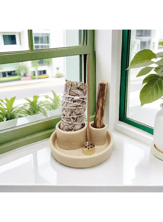 Fancy Lemon 4 in 1 Incense Holder, Ceramic Incense Stick and Palo Santo Holder,Sage Holder for Burning- 4.25" Ceramic Ash Catcher Tray for Meditation and Yoga Room (Sand) - Image 3