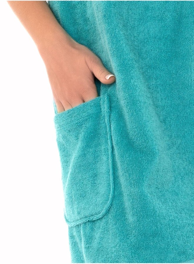 TowelSelections Womens Shower Wrap Adjustable Cotton Terry Cloth Gym Cover Up with Snaps Small/Medium Bright Aqua - Image 4